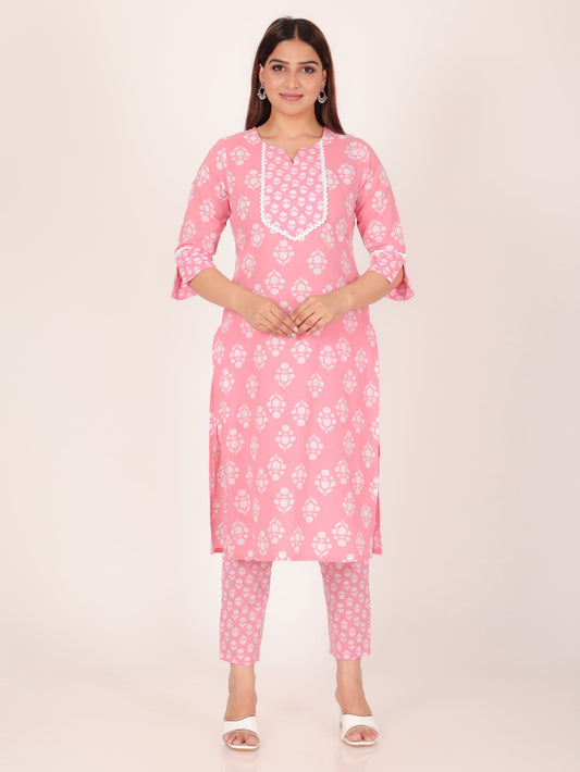 Soft Cotton Floral Straight Pink Kurta