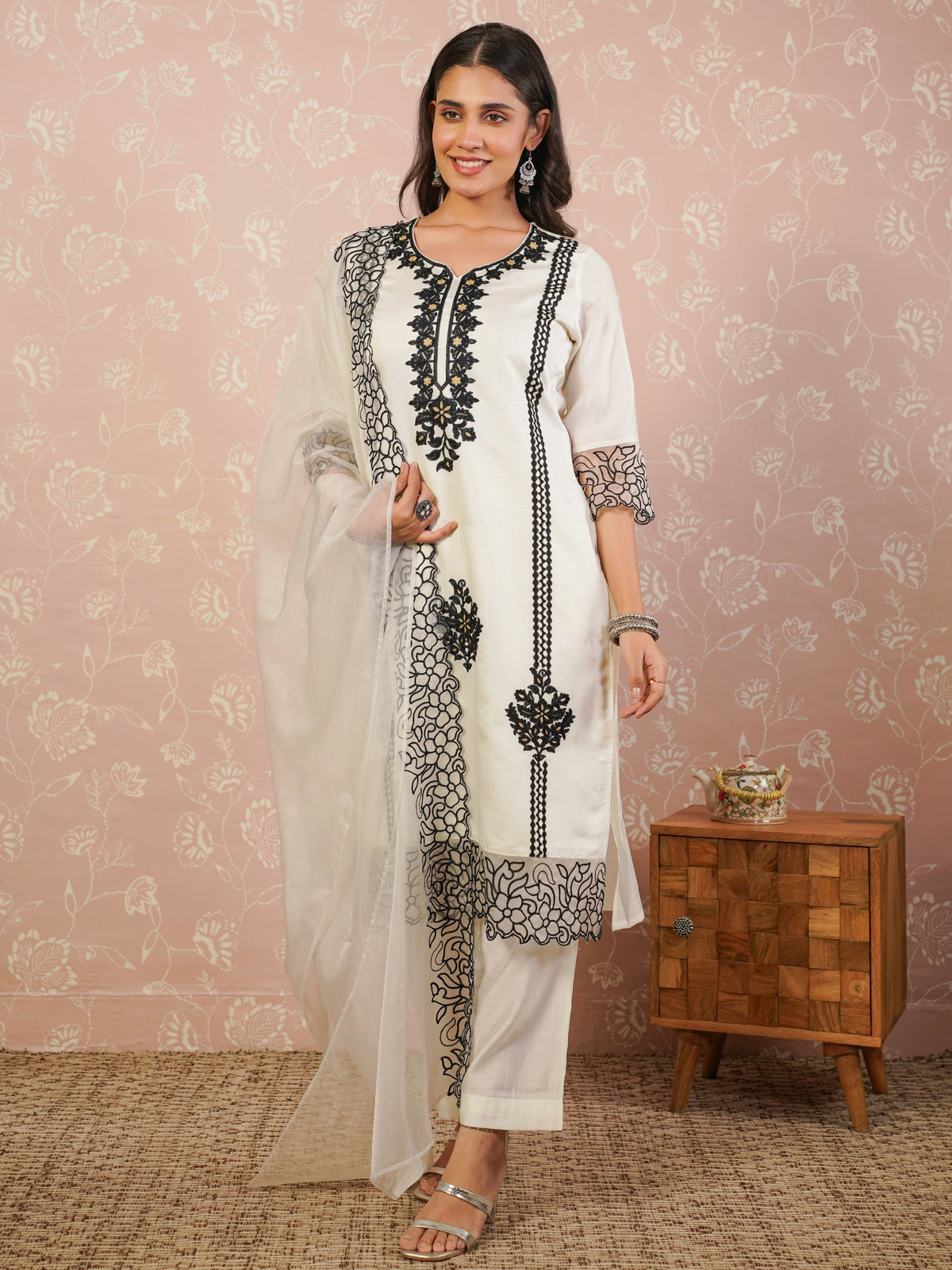 Embroidered organza solid palazzo cream dupatta