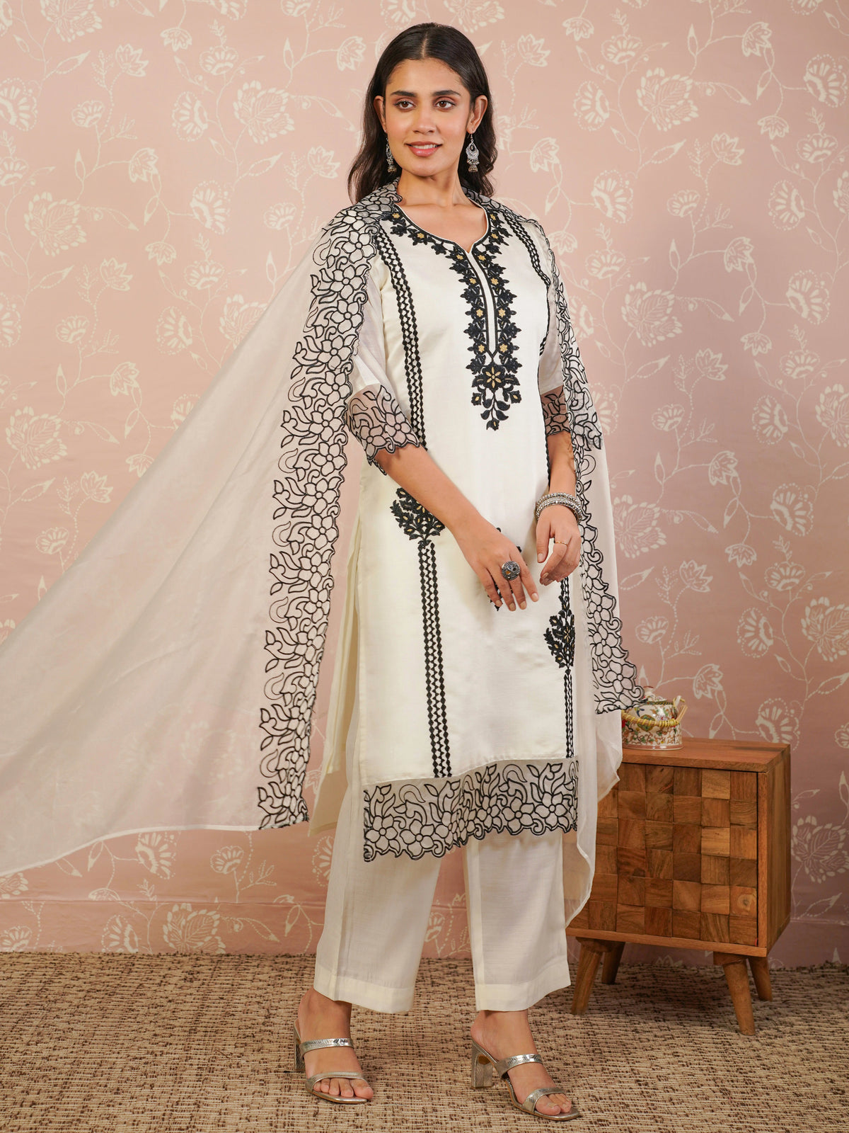 Embroidered organza solid palazzo cream dupatta