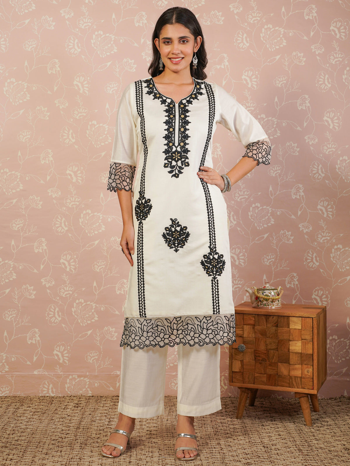 Embroidered chanderi solid straight cream kurta