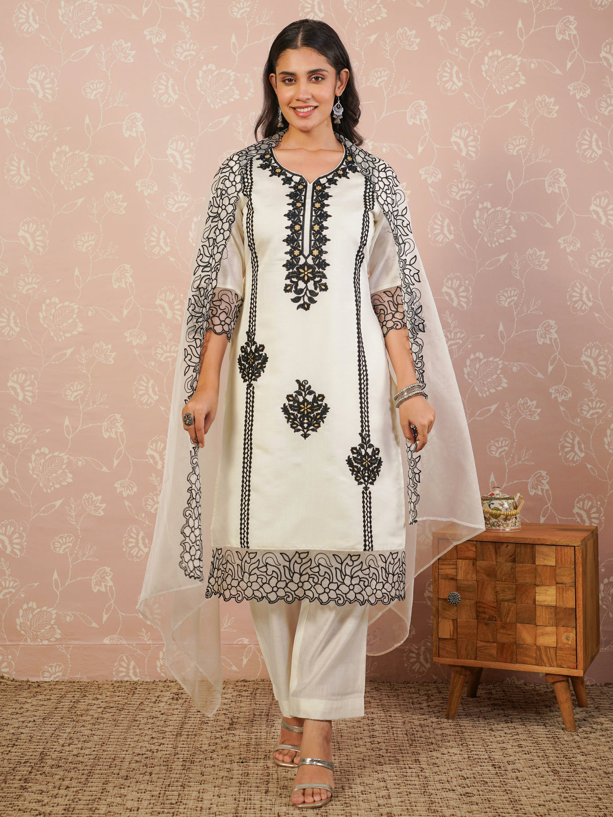 Embroidered chanderi solid straight cream kurta