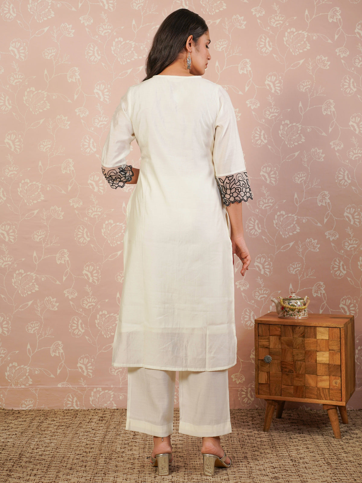 Embroidered chanderi solid straight cream kurta