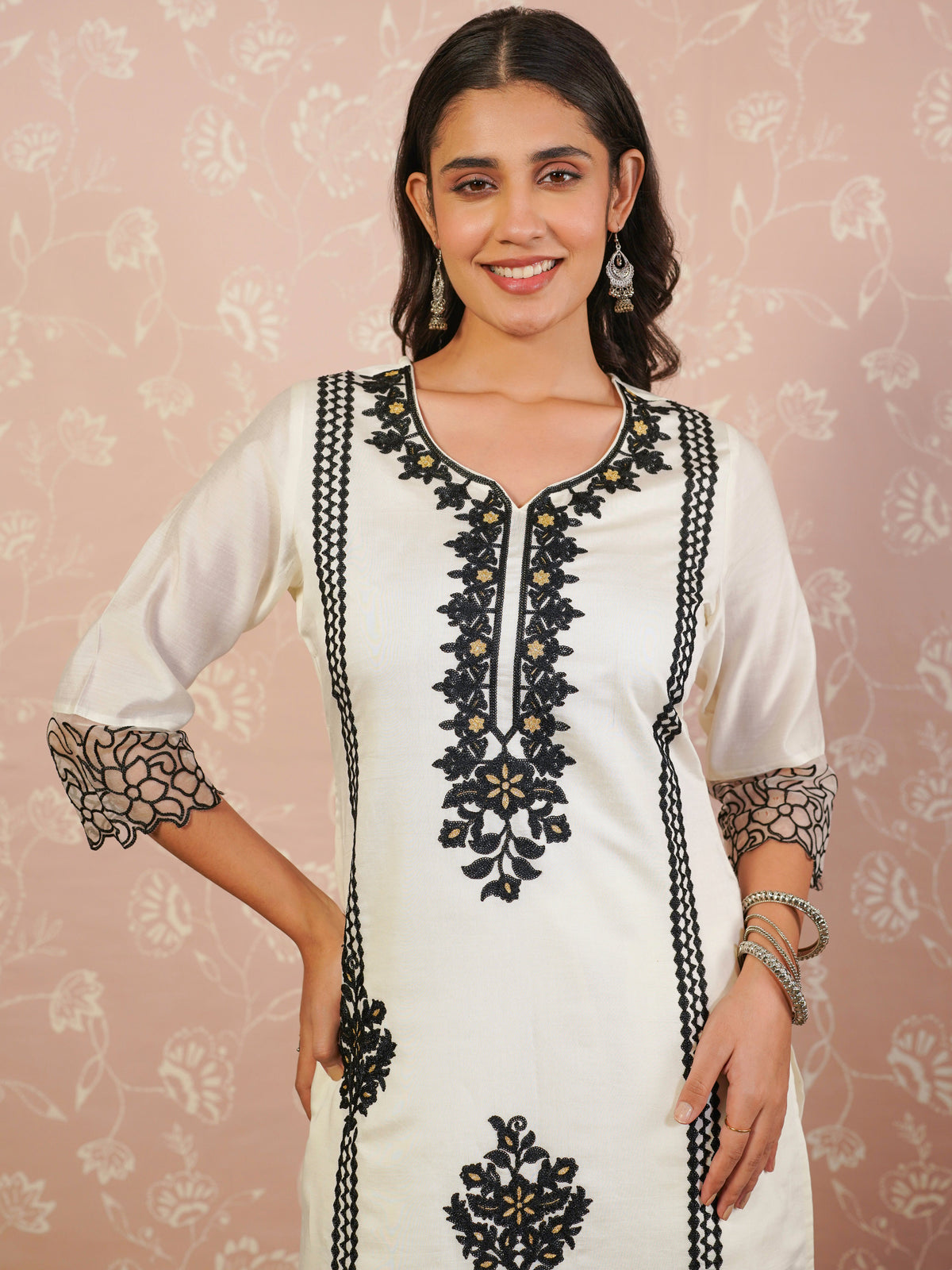 Embroidered chanderi solid straight cream kurta