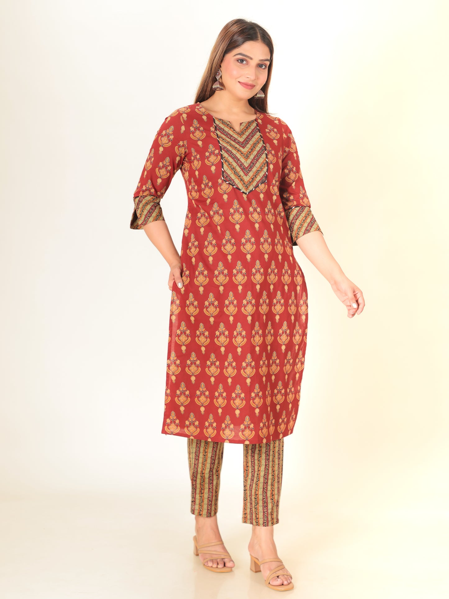 Soft Cotton Floral Straight Red Kurta
