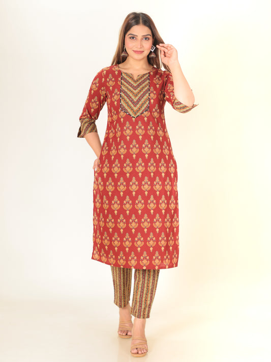 Soft Cotton Floral Straight Red Kurta