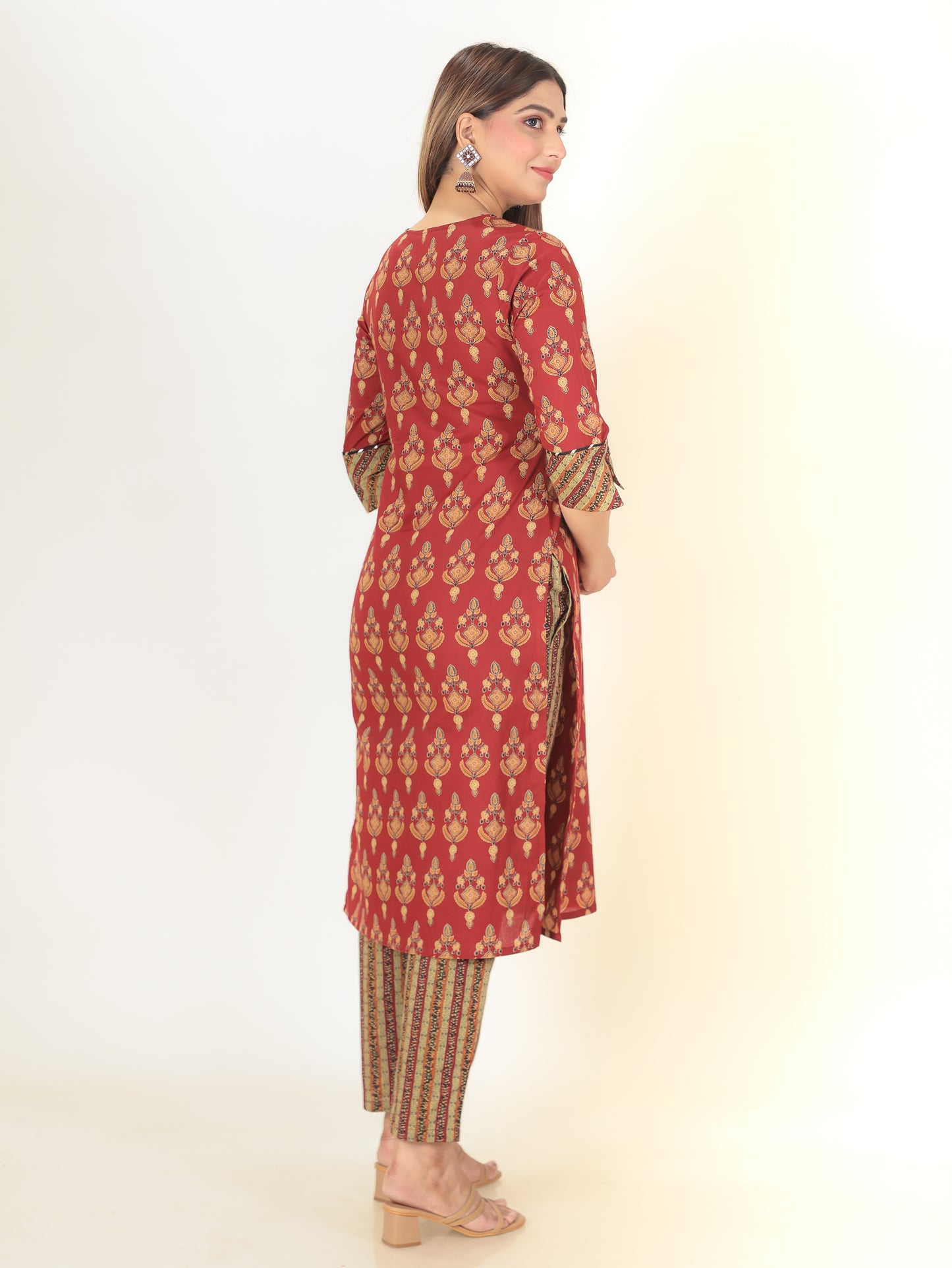 Soft Cotton Floral Straight Red Kurta