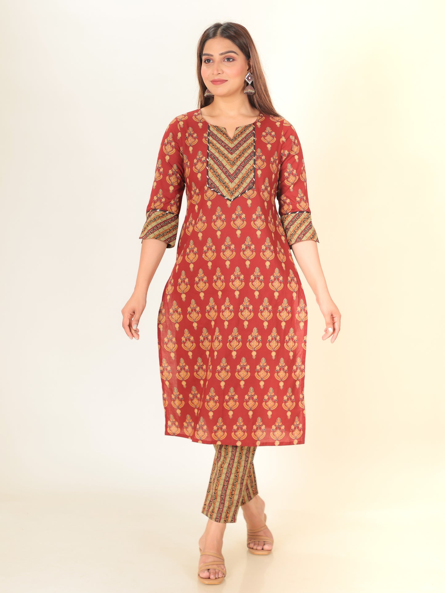 Soft Cotton Floral Straight Red Kurta