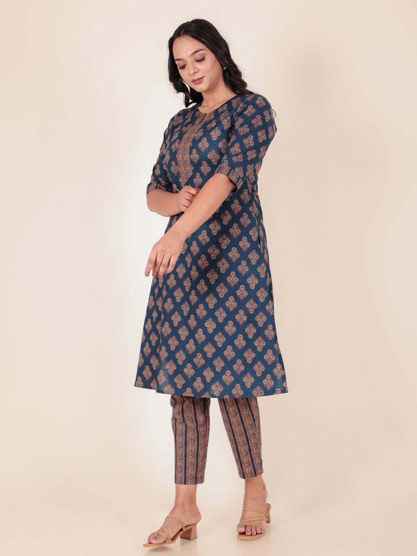 Soft Cotton Floral A-line Blue Kurta