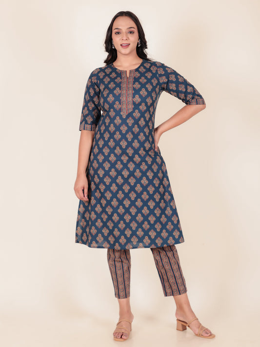Soft Cotton Floral A-line Blue Kurta