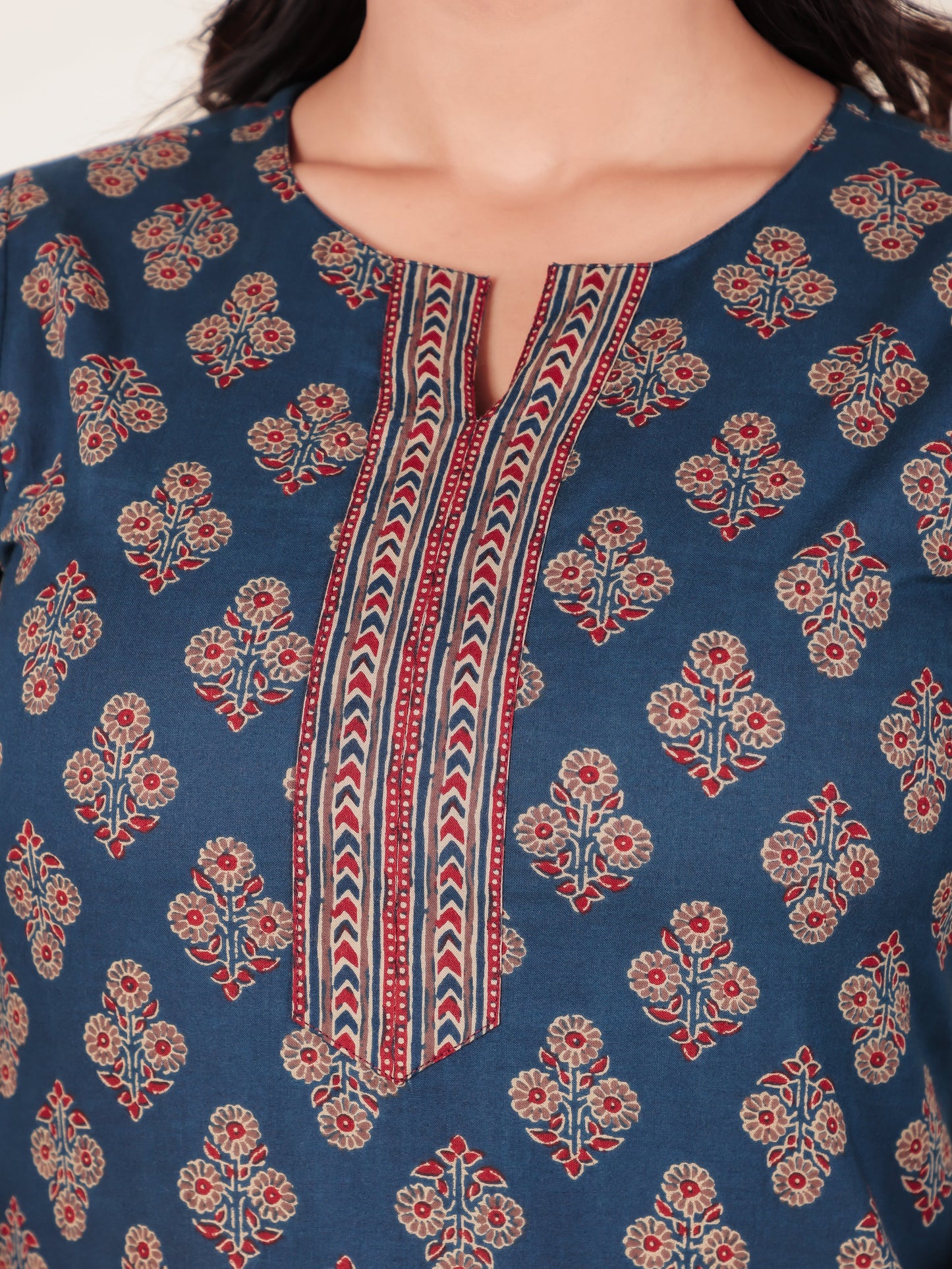 Soft Cotton Floral A-line Blue Kurta