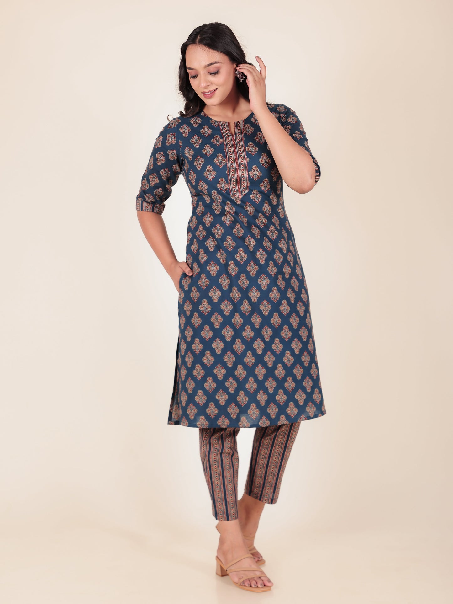 Soft Cotton Floral A-line Blue Kurta