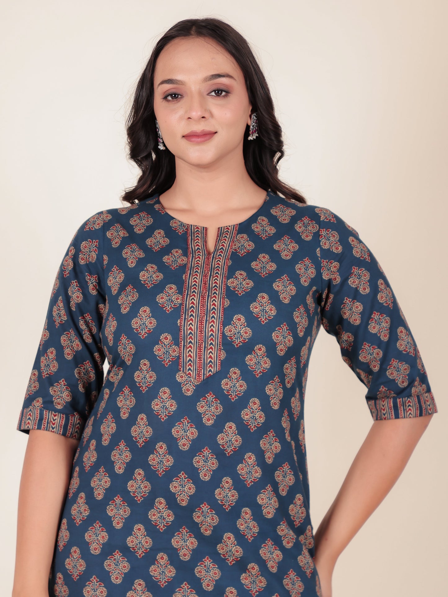 Soft Cotton Floral A-line Blue Kurta