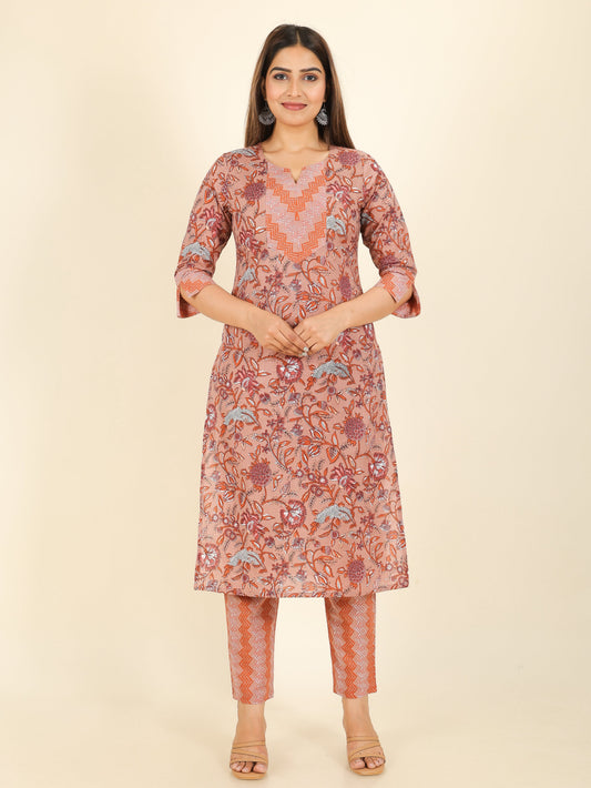 Soft Cotton Floral Straight Brown Kurta