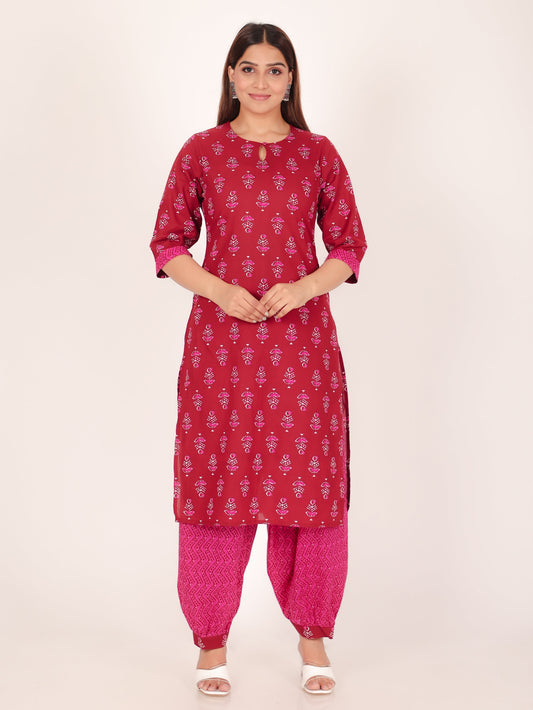 Soft Cotton Floral Straight Maroon Kurta