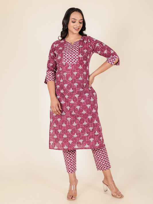 Kantha Cotton Butti Straight Pink Kurta
