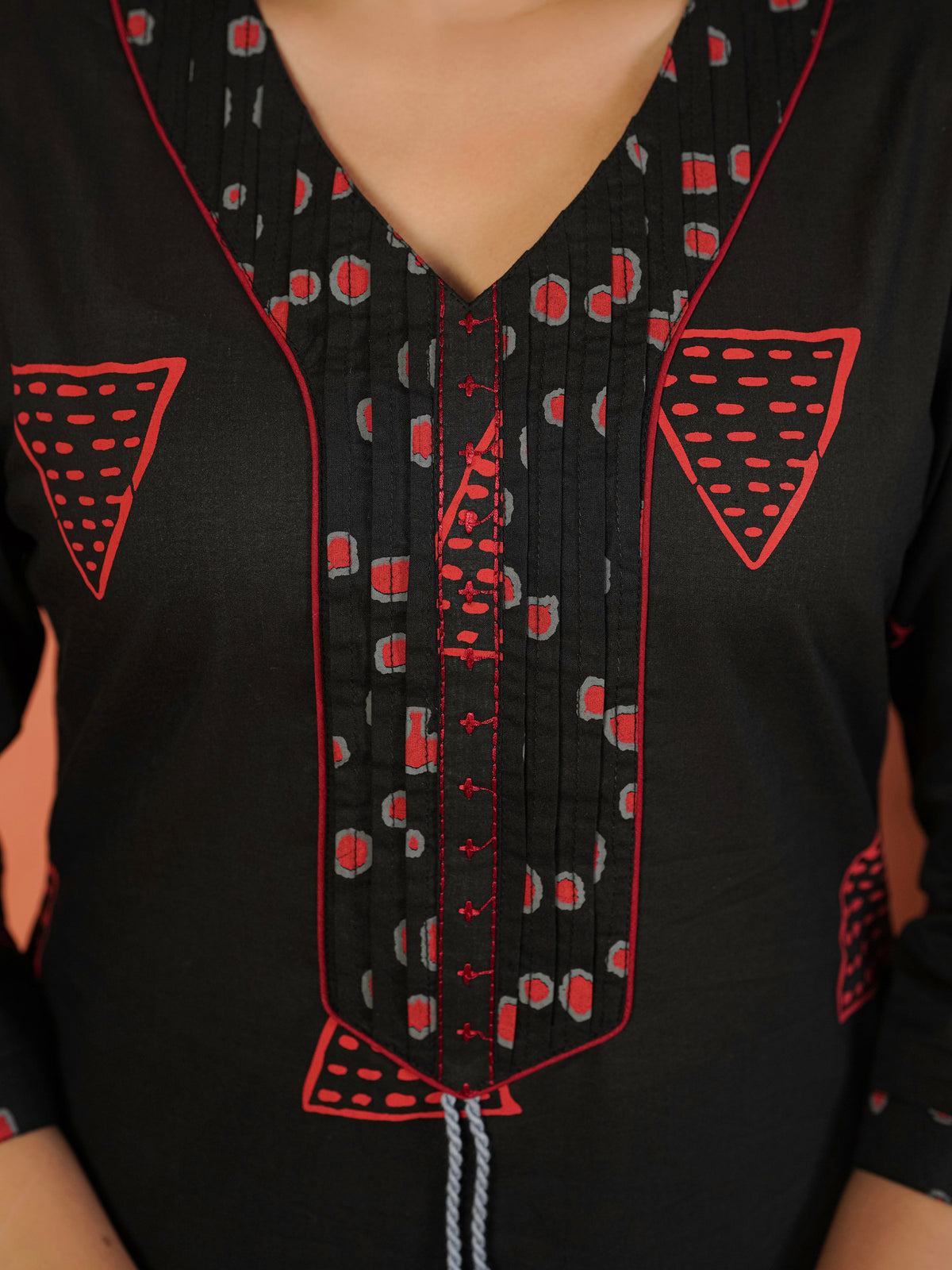 Soft Cotton Geometric Straight Black Kurta