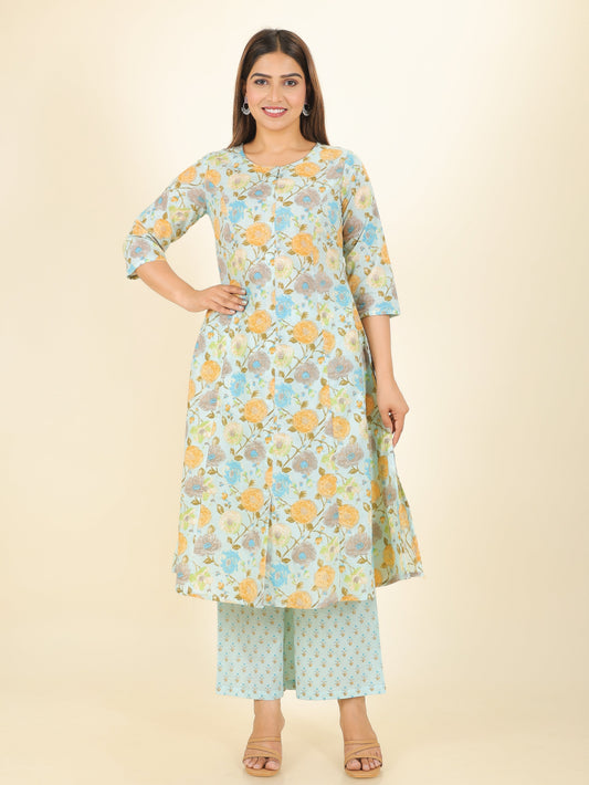 Soft Cotton Floral A-line Blue Kurta