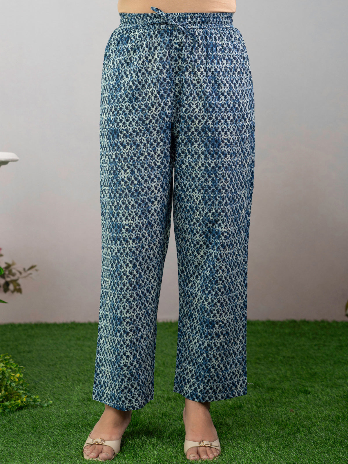 Soft Cotton Geometric Indigo Blue Straight Trousers