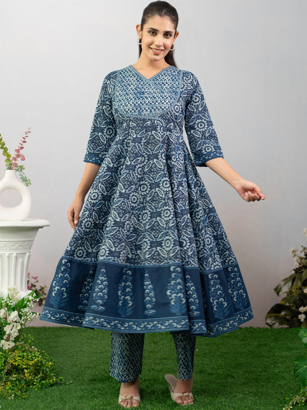 Soft Cotton Floral Anarkali Indigo Blue Kurta