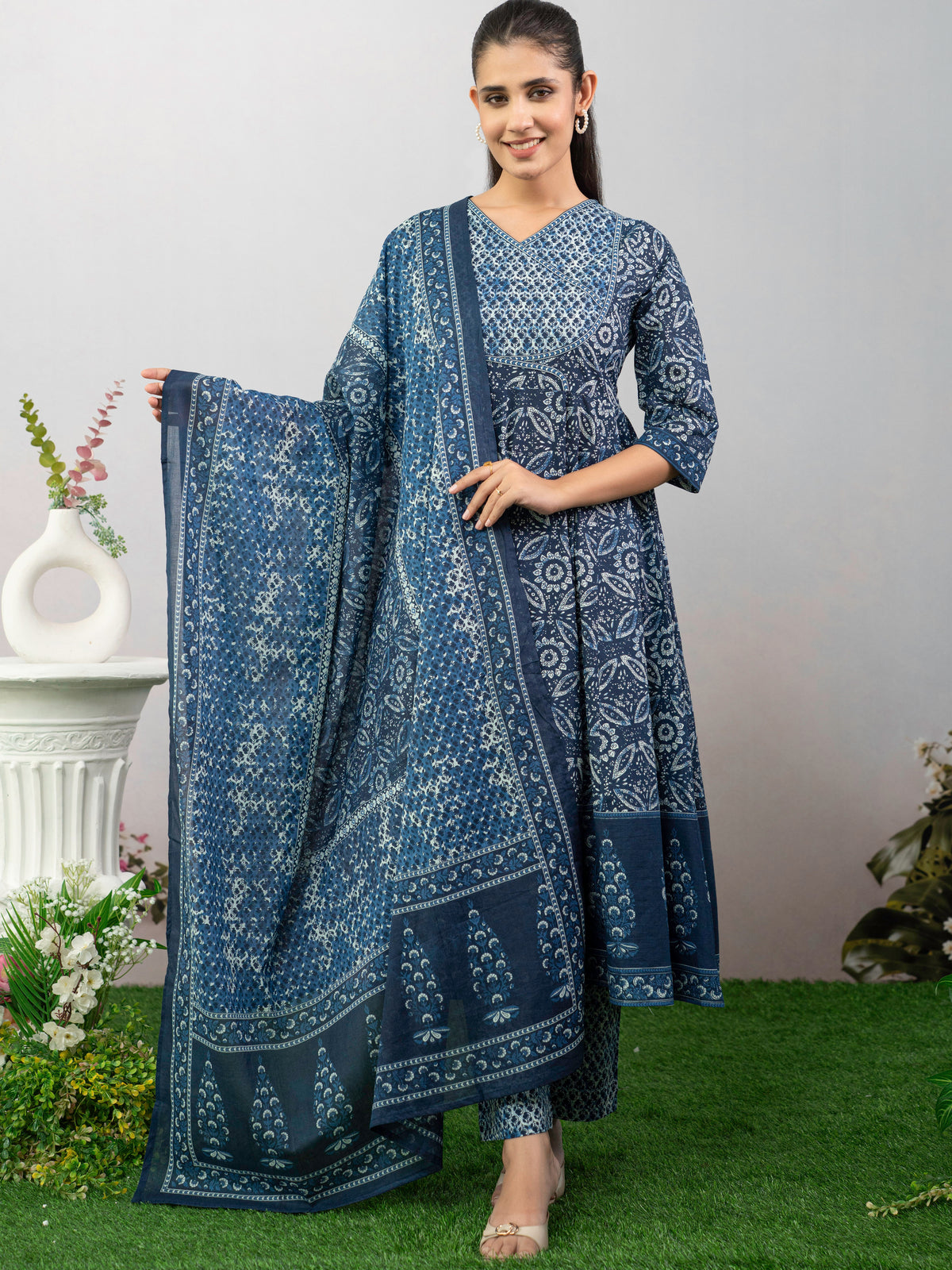 Soft Cotton Floral Anarkali Indigo Blue Kurta