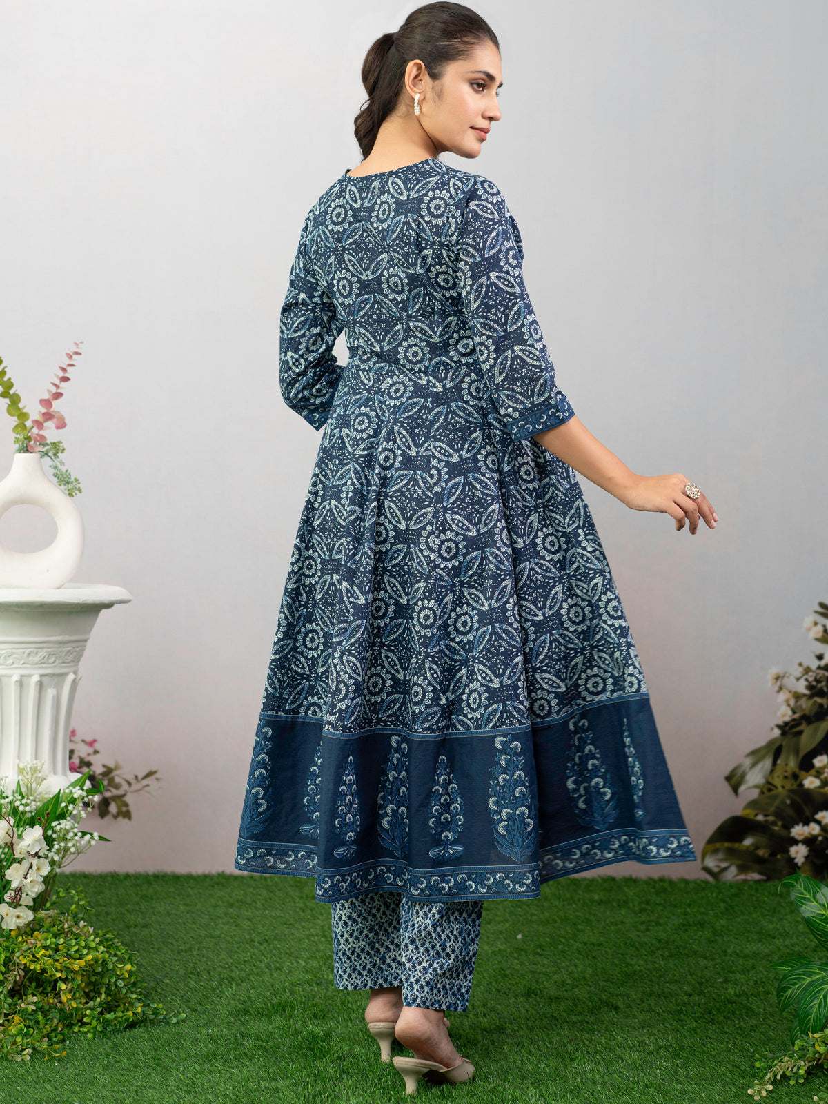 Soft Cotton Floral Anarkali Indigo Blue Kurta