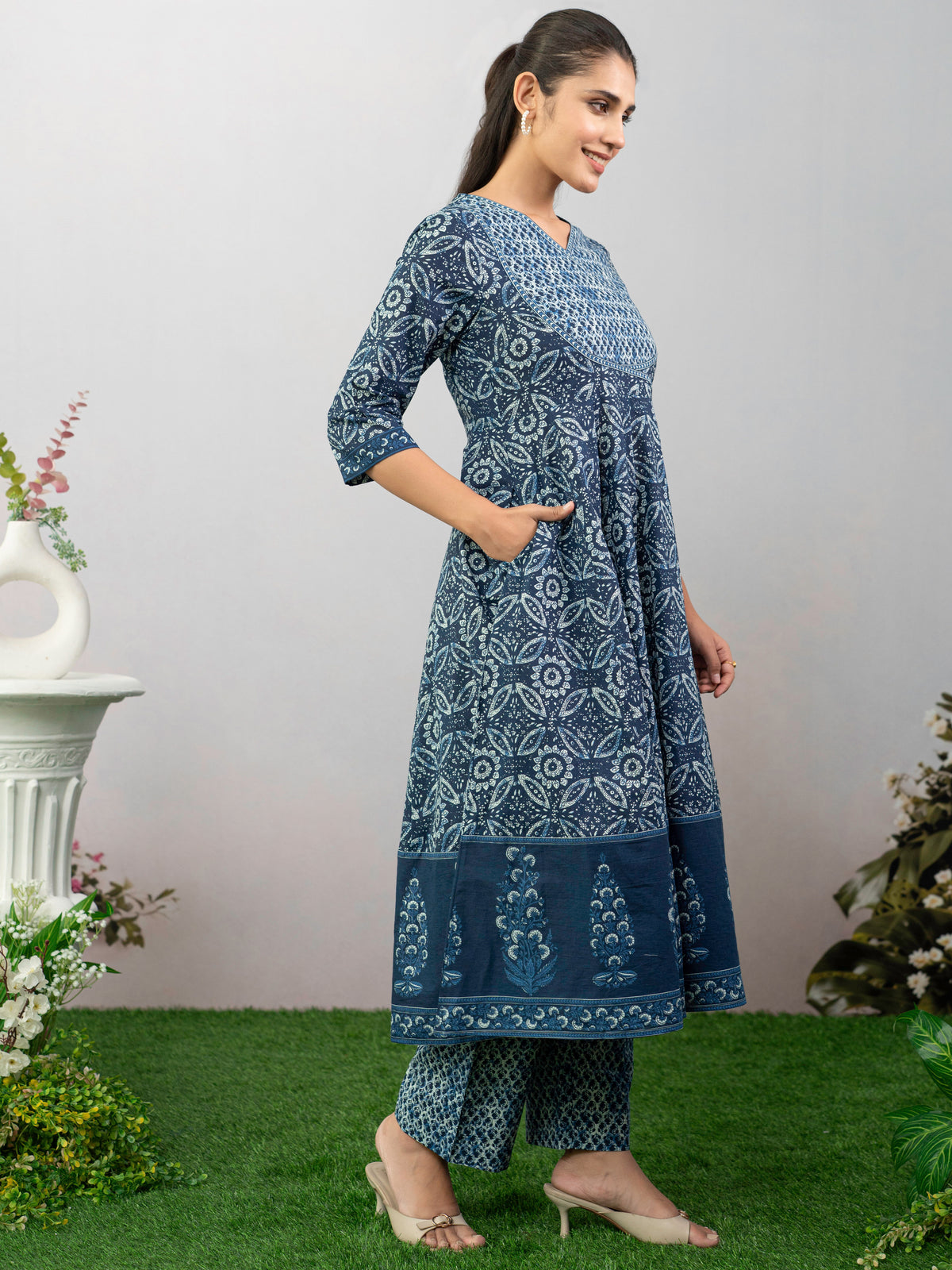 Soft Cotton Floral Anarkali Indigo Blue Kurta