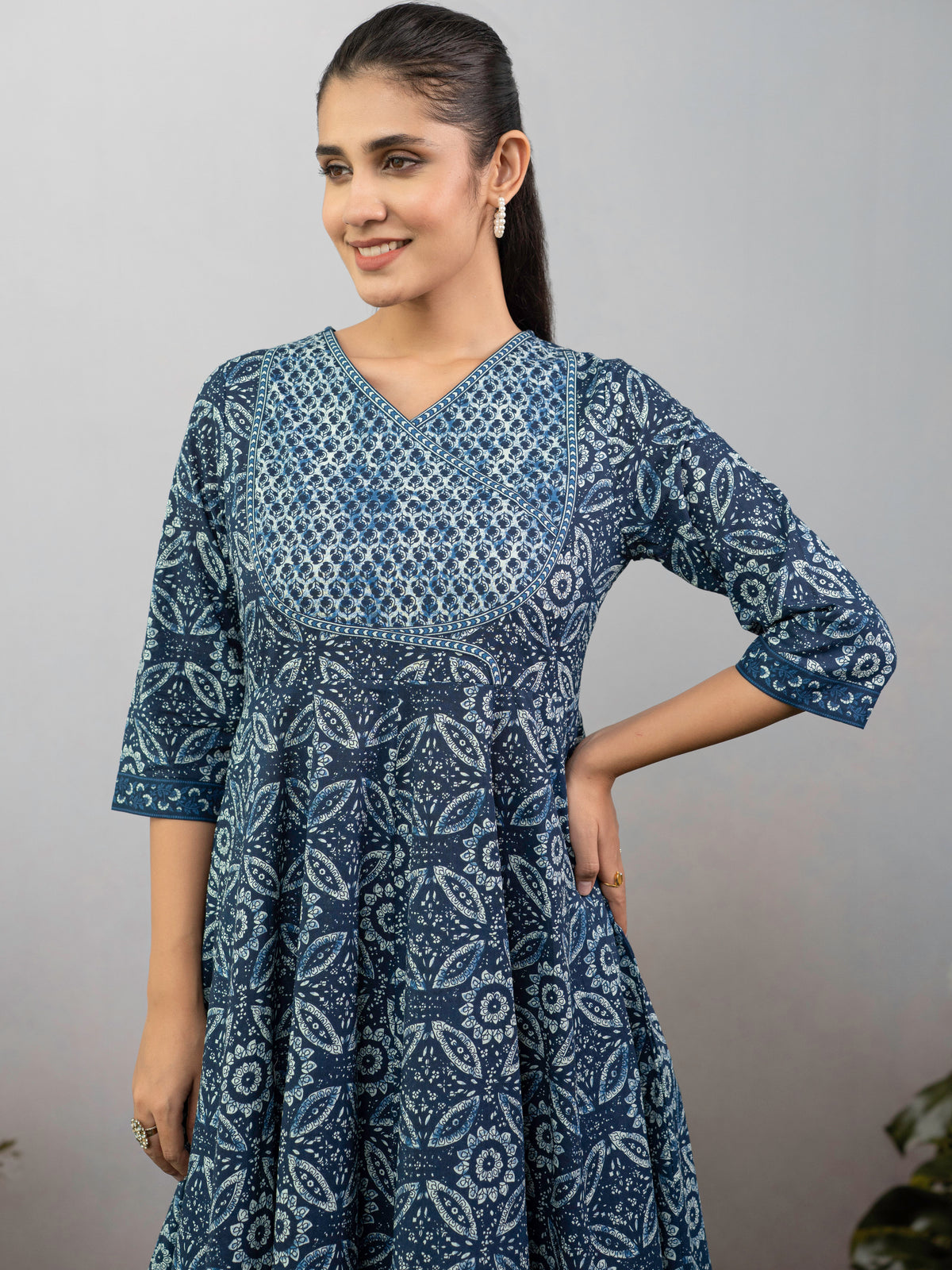 Soft Cotton Floral Anarkali Indigo Blue Kurta