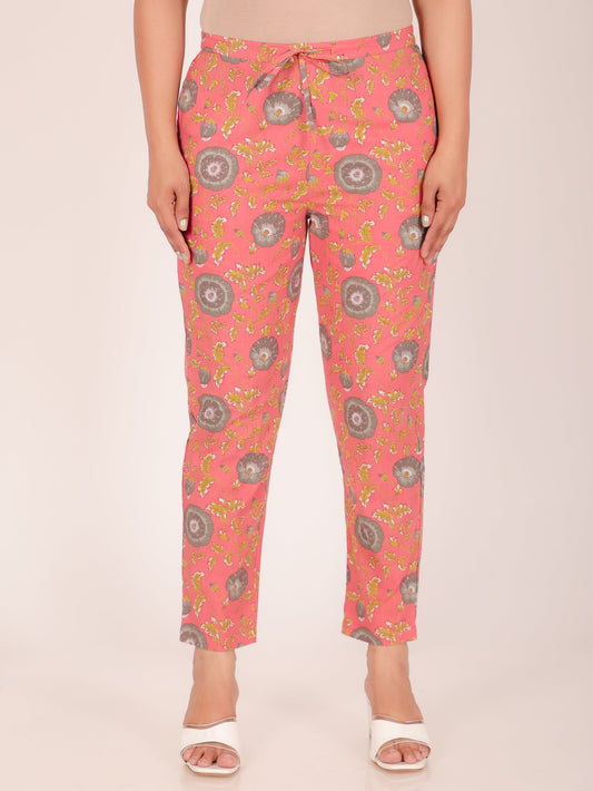 Soft Cotton Floral Orange Tapered Trousers