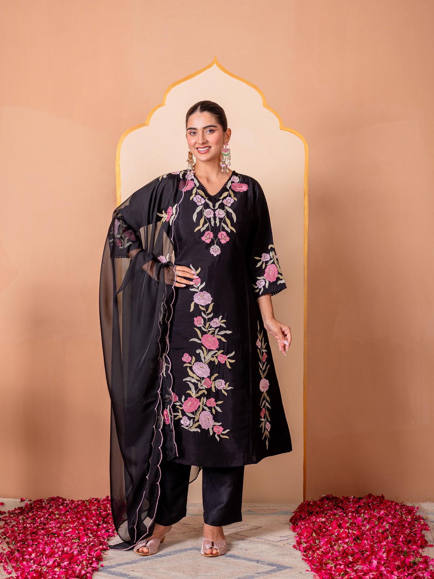 Embroidered Organza Solid Black Dupatta