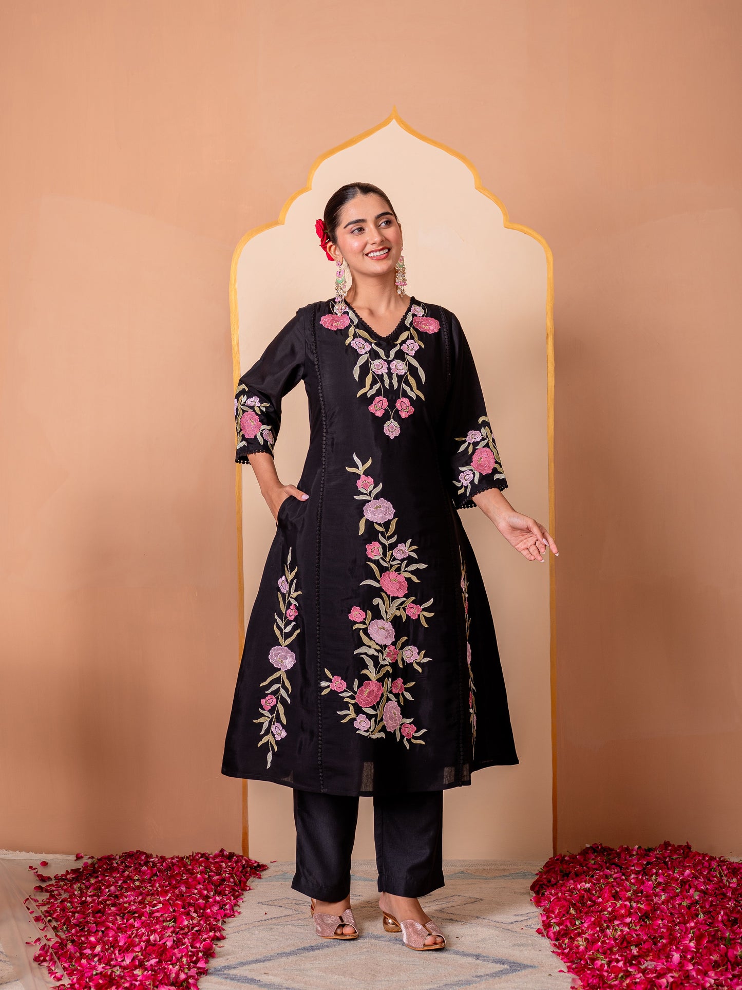 Embroidered Chanderi Solid A-line Black Kurta