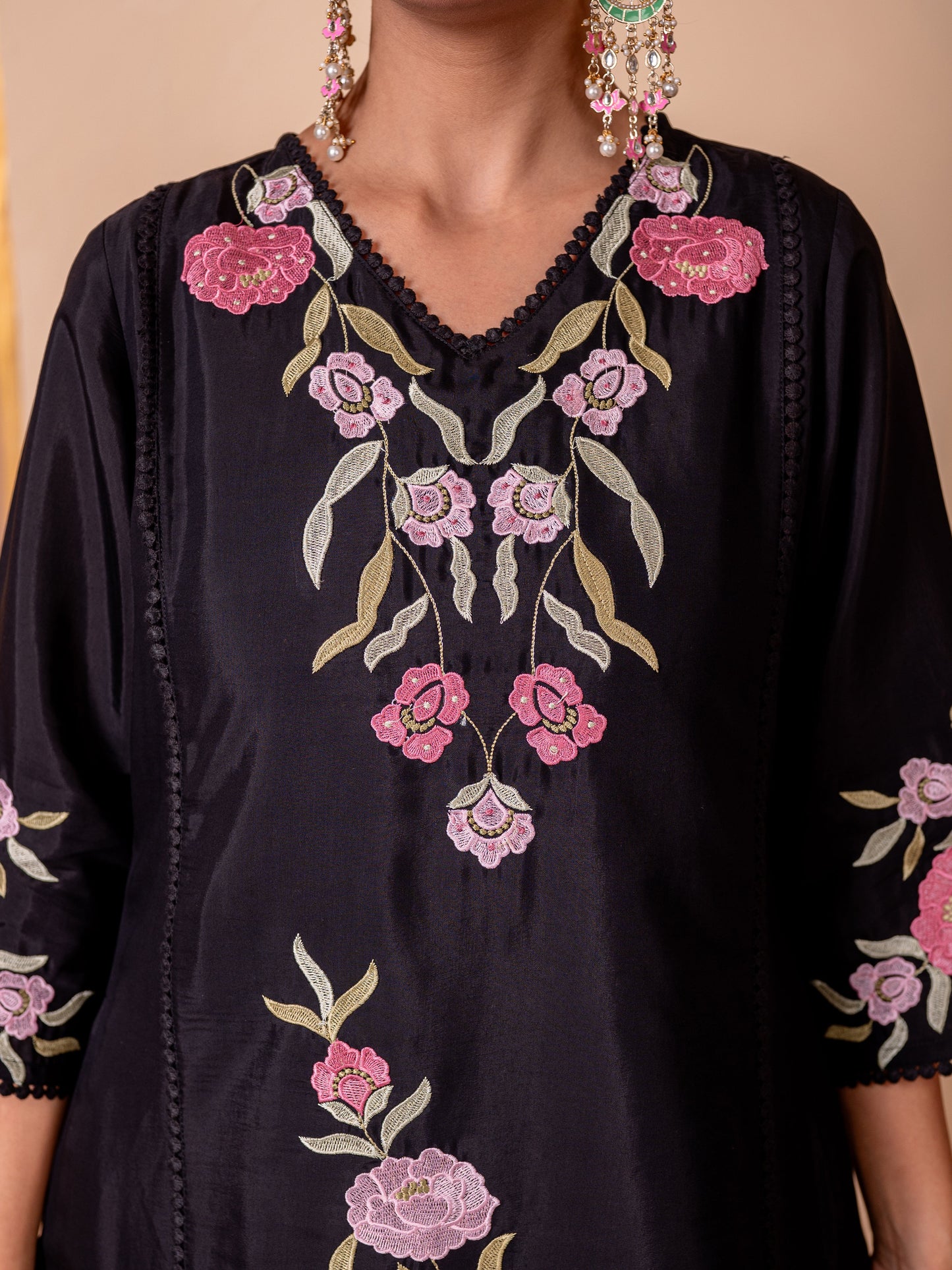 Embroidered Chanderi Solid A-line Black Kurta