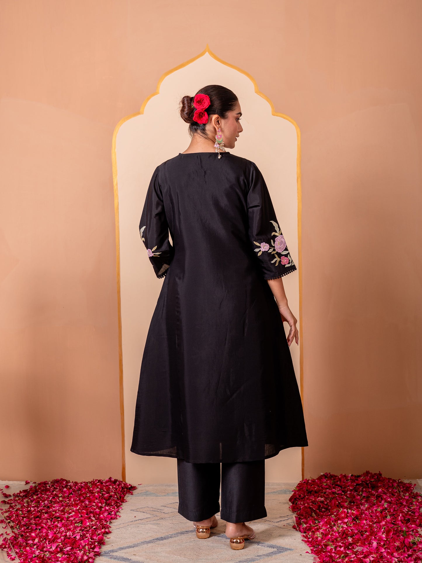 Embroidered Chanderi Solid A-line Black Kurta
