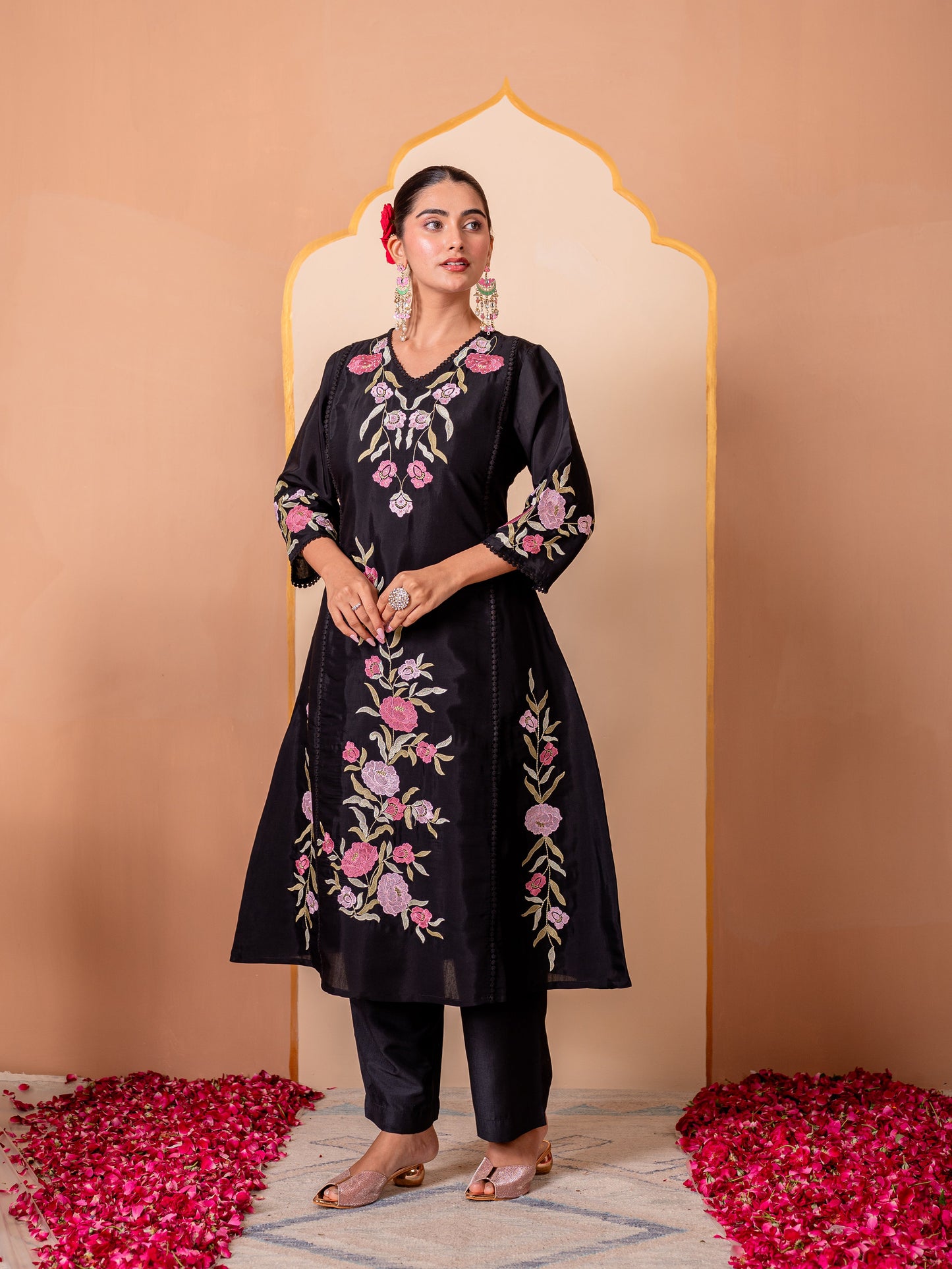 Embroidered Chanderi Solid A-line Black Kurta