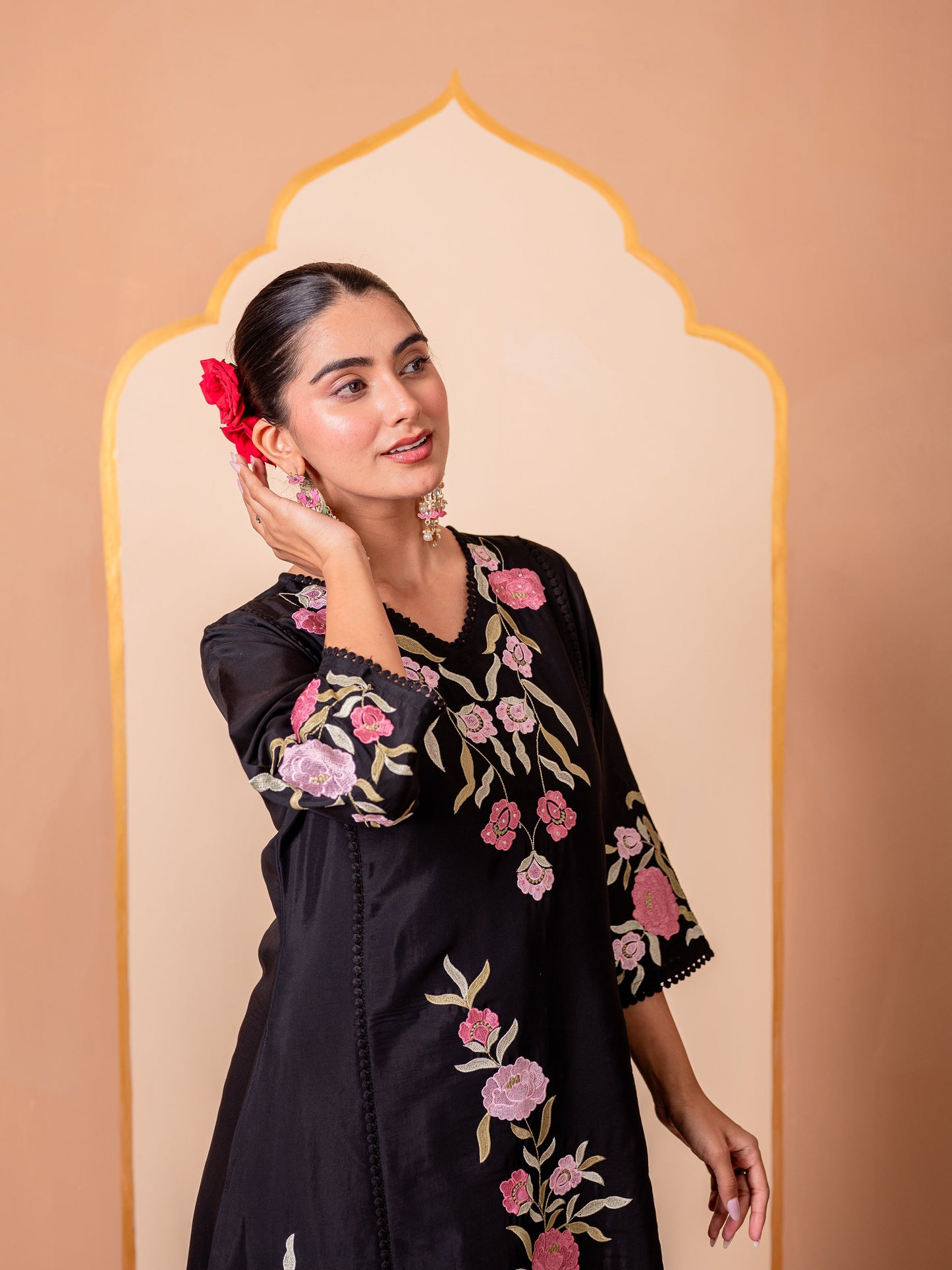 Embroidered Chanderi Solid A-line Black Kurta
