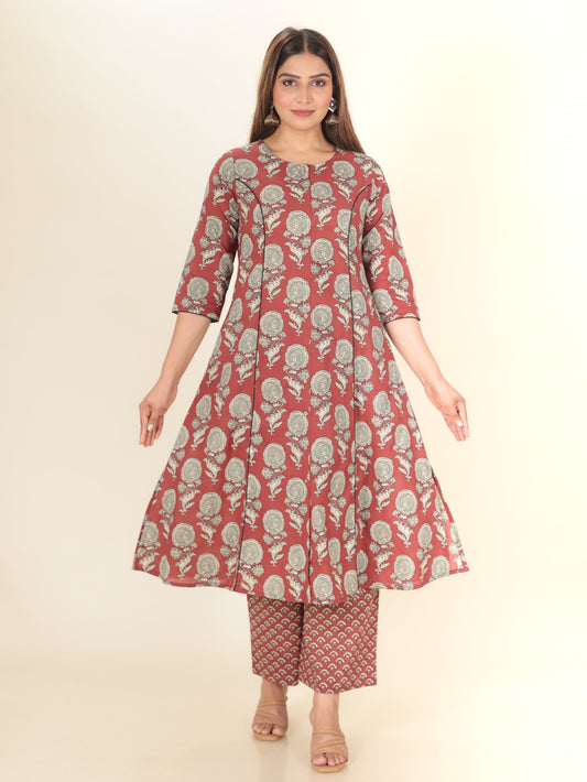 Soft Cotton Floral A-line Maroon Kurta