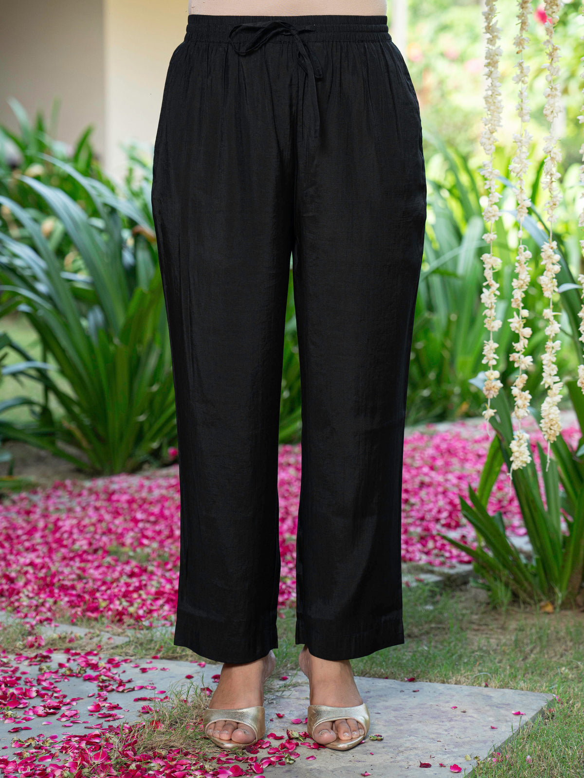 Blended silk Solid Black Straight Trousers