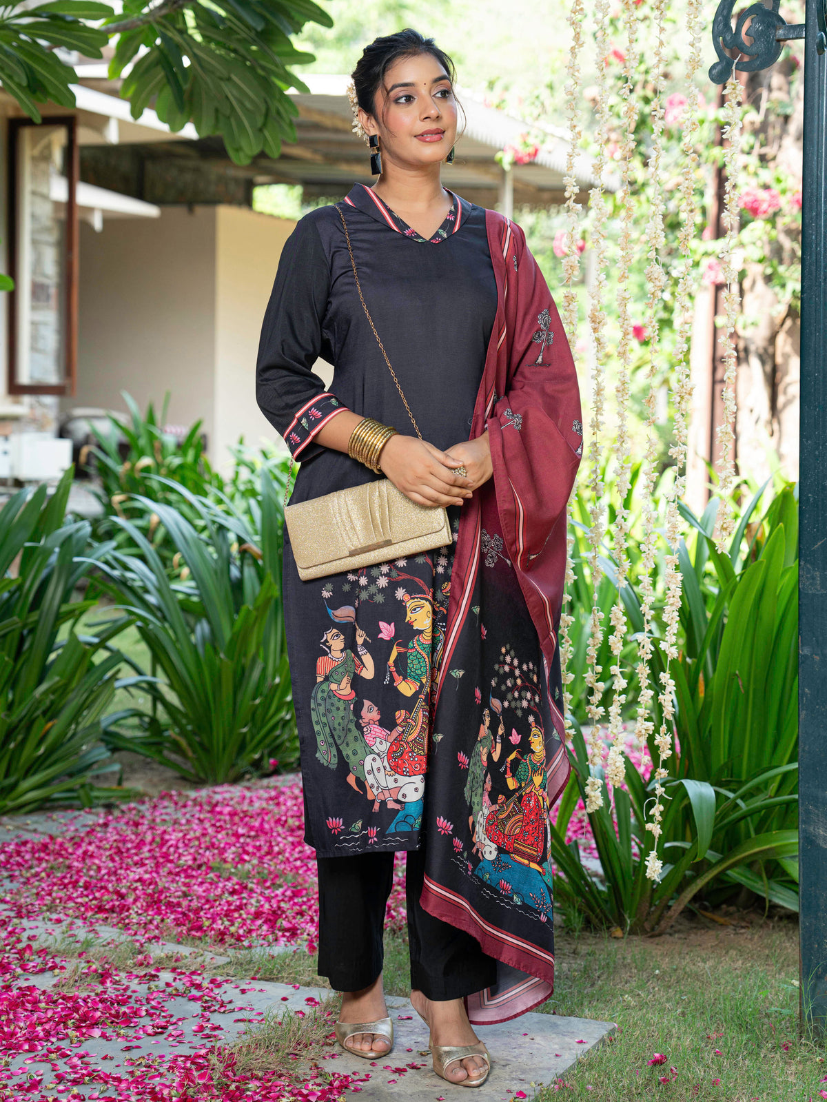 Blended silk Placement Print Straight Black Kurta