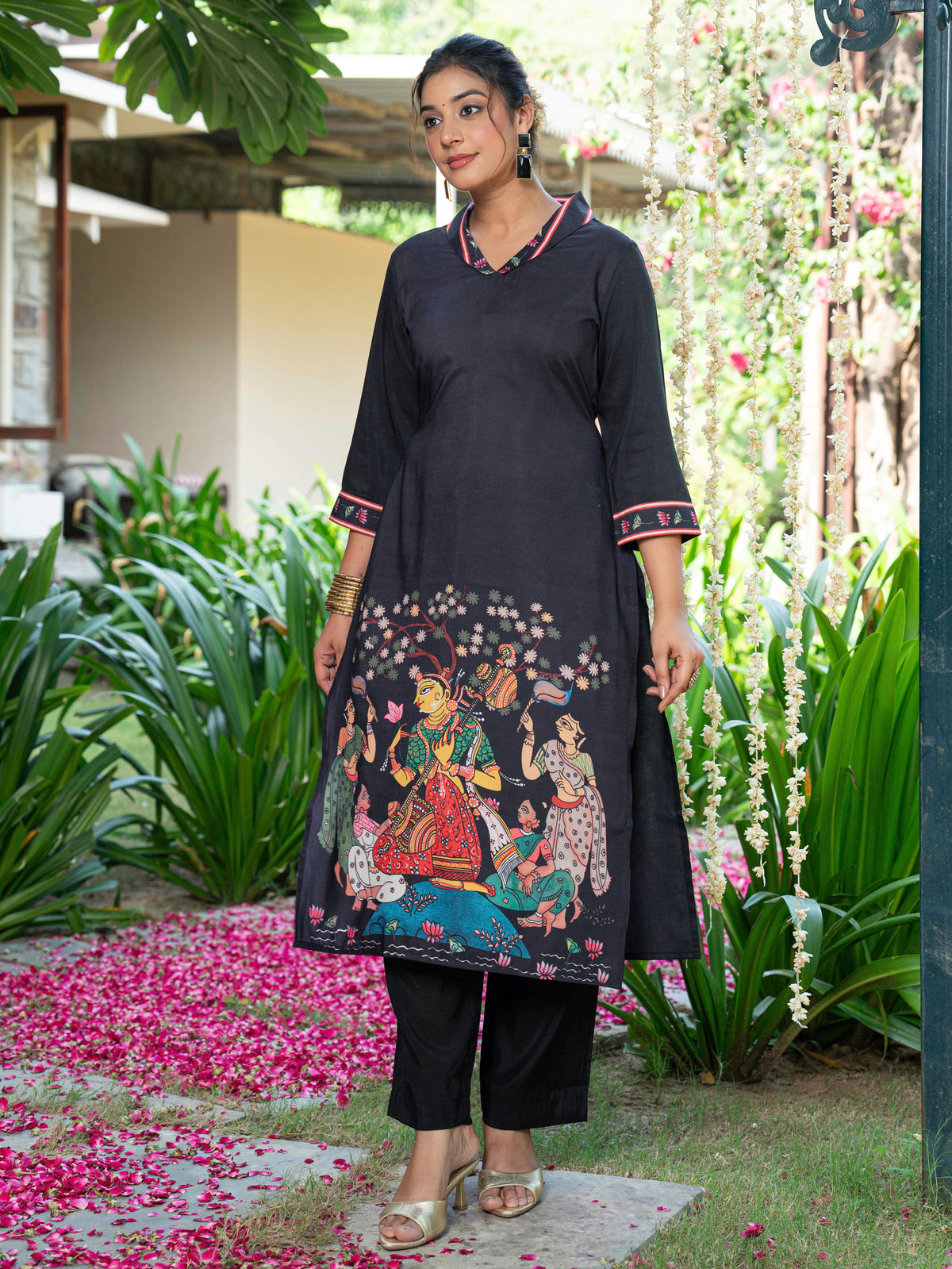 Blended silk Placement Print Straight Black Kurta