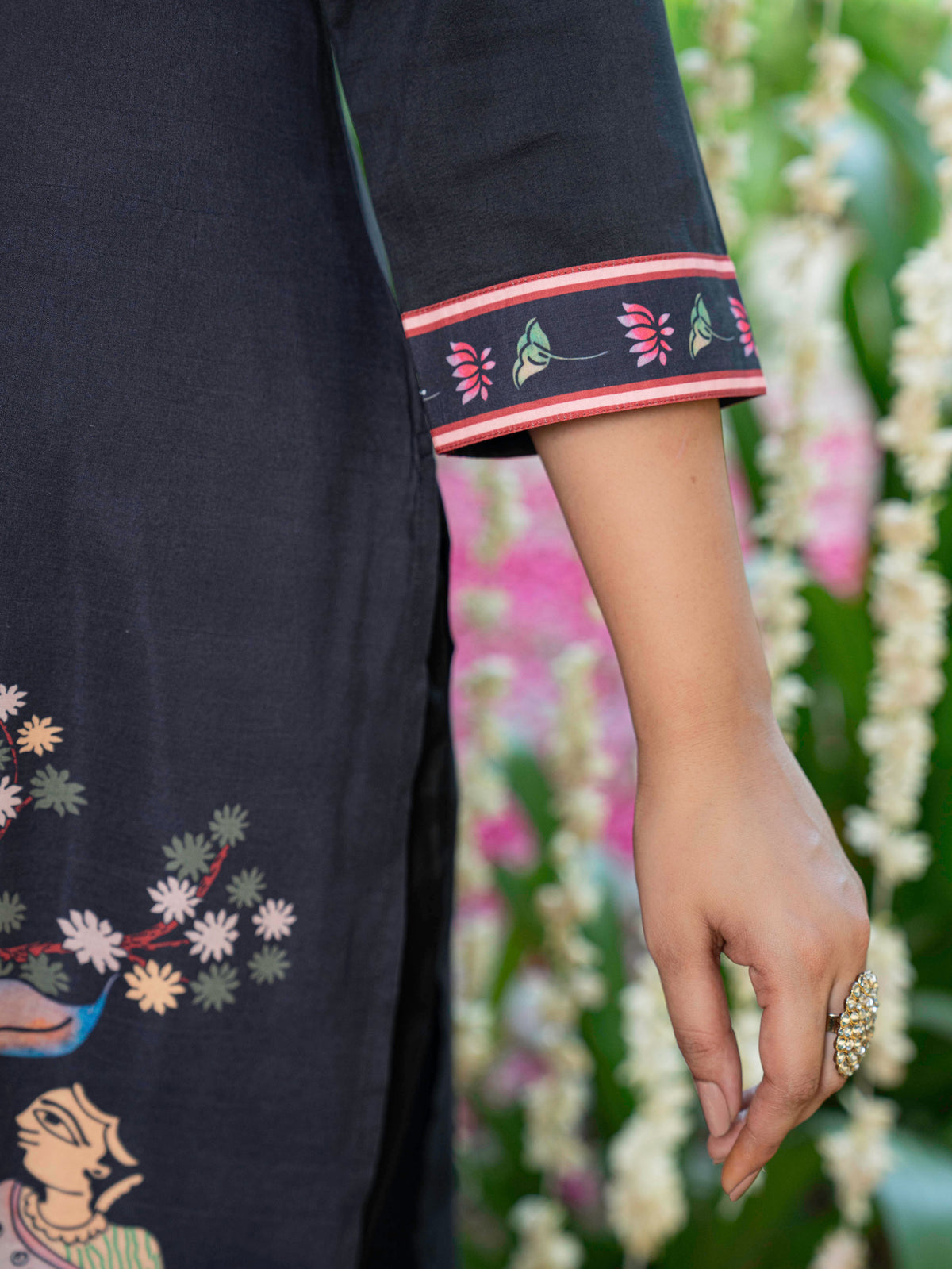 Blended silk Placement Print Straight Black Kurta