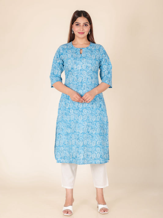 Soft Cotton Bandhani Straight Blue Kurta