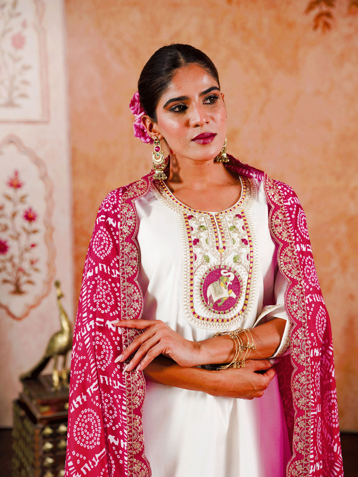 Embroidered Blended Silk Bandhani Pink Dupatta