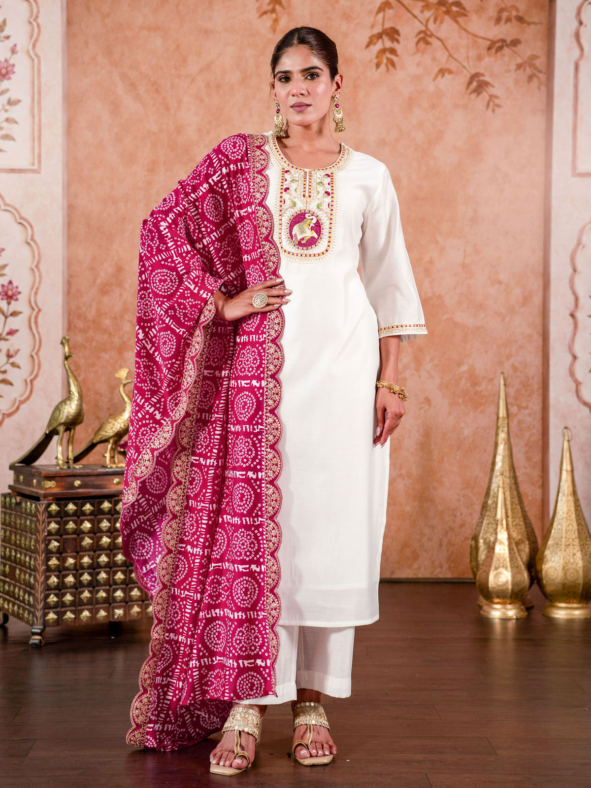 Embroidered Chanderi Solid Straight Off White Kurta