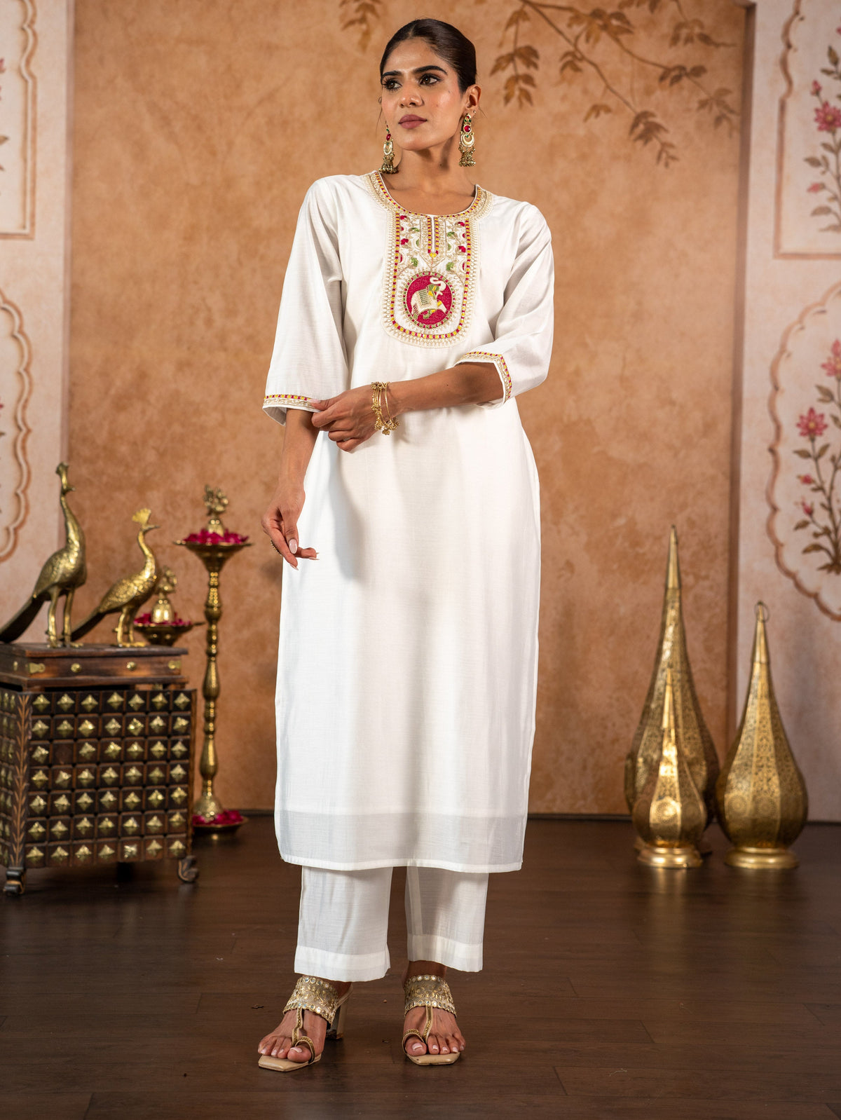 Embroidered Chanderi Solid Straight Off White Kurta