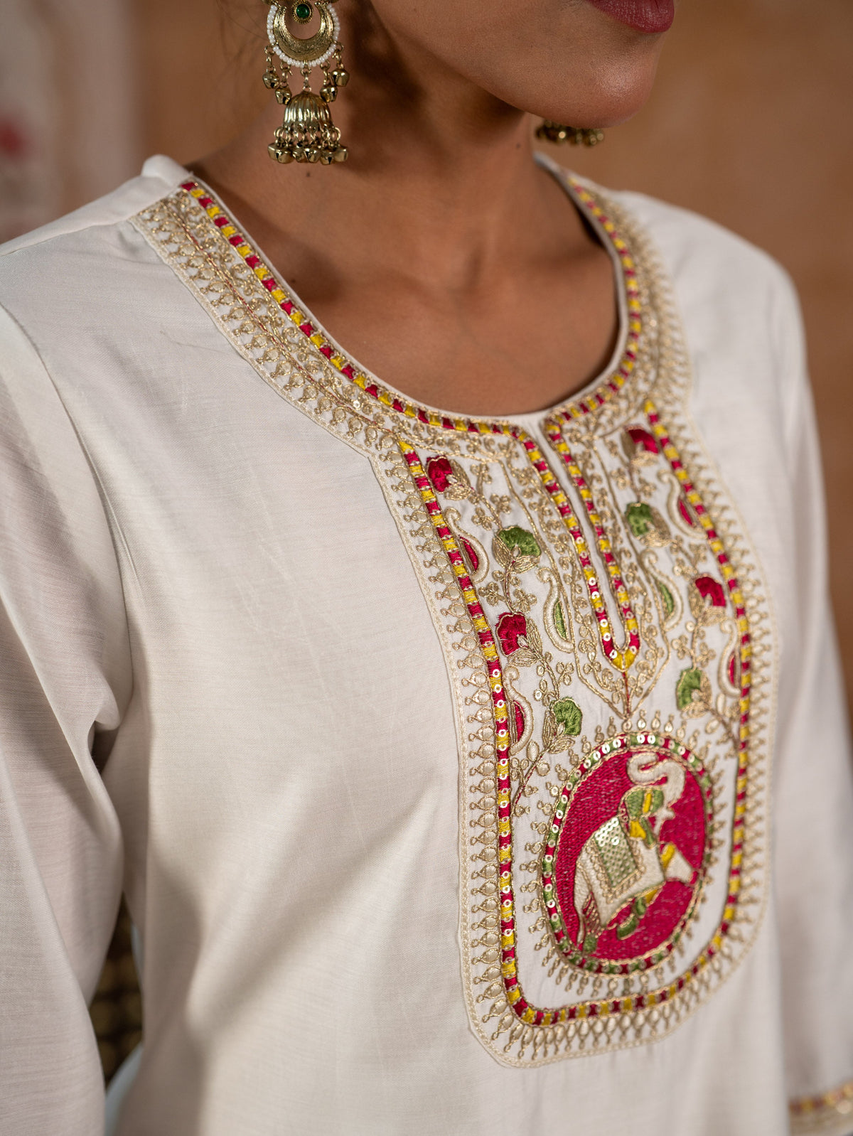 Embroidered Chanderi Solid Straight Off White Kurta