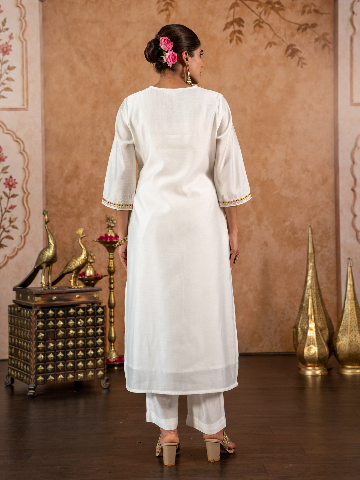 Embroidered Chanderi Solid Straight Off White Kurta