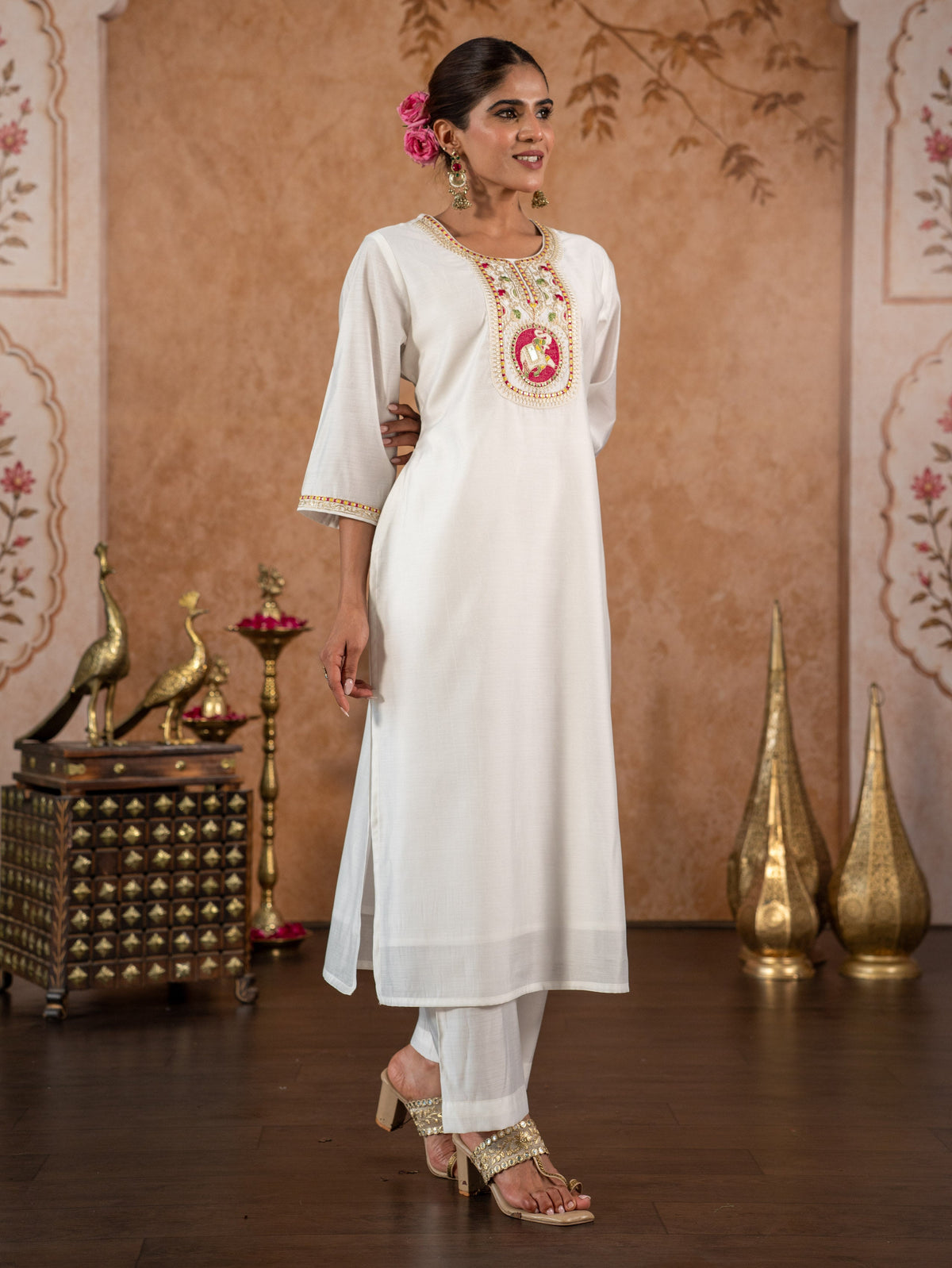 Embroidered Chanderi Solid Straight Off White Kurta