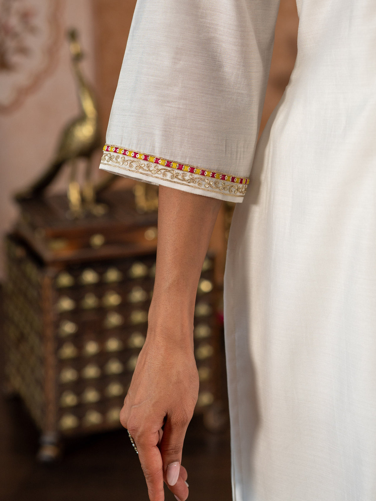 Embroidered Chanderi Solid Straight Off White Kurta