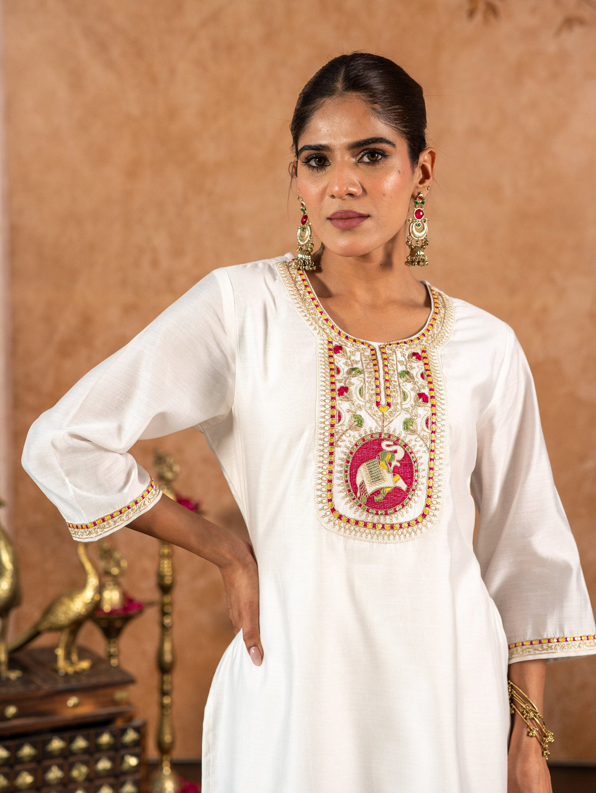 Embroidered Chanderi Solid Straight Off White Kurta