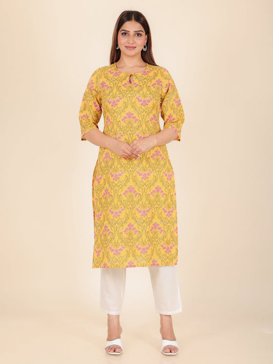 Soft Cotton Floral Straight Yellow Kurta
