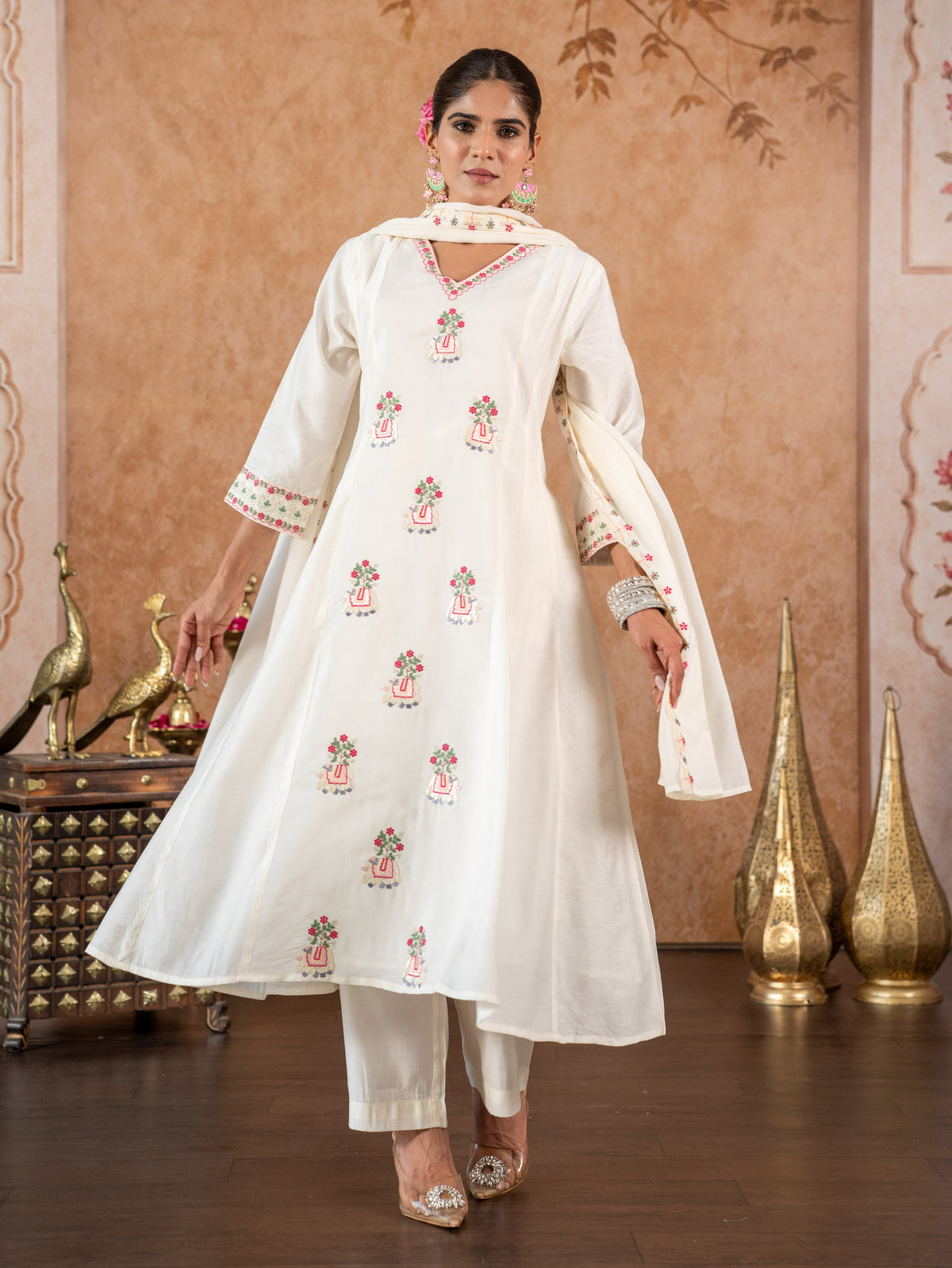 Embroidered Blended Silk Solid Sage Green Dupatta